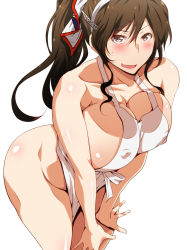 Rule 34 | 10s, 1girl, :d, apron, ashigara (kancolle), bare shoulders, blush, breasts, brown eyes, brown hair, cleavage, curvy, covered erect nipples, fang, female focus, hair ribbon, hairband, huge breasts, kantai collection, kunifuto, leaning forward, long hair, looking at viewer, naked apron, open mouth, ponytail, ribbon, sideboob, simple background, smile, solo, white background, wide hips