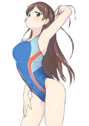 Rule 34 | 1girl, arched back, arm up, armpits, blue one-piece swimsuit, breasts, brown eyes, brown hair, competition swimsuit, contrapposto, covered navel, cowboy shot, hand on own thigh, idolmaster, idolmaster cinderella girls, large breasts, leaning forward, long hair, nitta minami, one-piece swimsuit, simple background, solo, standing, swimsuit, tunamayochan, white background