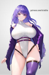 Rule 34 | 1girl, ai-assisted, alternate costume, aztodio, bare shoulders, blush, breasts, closed mouth, commentary, english commentary, genshin impact, grey background, hand on own hip, highleg, highleg leotard, large breasts, leotard, leotard sweater, long hair, long sleeves, looking at viewer, off shoulder, patreon username, purple eyes, purple hair, purple thighhighs, raiden shogun, single thighhigh, solo, thighhighs, thighs, watermark, web address, white leotard