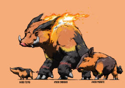 Rule 34 | absurdres, animal focus, black eyes, blacknirrow, boar, character name, claws, creatures (company), emboar, english text, evolutionary line, fire, from side, full body, game freak, gen 5 pokemon, highres, nintendo, no humans, orange background, orange theme, pignite, pokedex number, pokemon, pokemon (creature), profile, realistic, red eyes, simple background, sketch, standing, tepig, tusks
