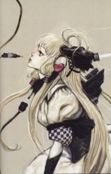 Rule 34 | 00s, 1girl, absurdres, blonde hair, cable, chii, chobits, expressionless, from side, goth fashion, hair tubes, highres, long hair, machine, profile, robot ears, scan, sepia, simple background, solo, terada katsuya