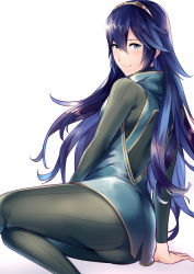 Rule 34 | 1girl, ameno (a meno0), ass, back, black bodysuit, black sweater, blue eyes, blue hair, blush, bodysuit, closed mouth, fire emblem, fire emblem awakening, from behind, hair between eyes, hair ornament, lips, long hair, looking at viewer, looking back, lucina (fire emblem), nintendo, ribbed bodysuit, ribbed legwear, ribbed sweater, simple background, sitting, smile, solo, sweater, tiara, turtleneck, turtleneck sweater, white background