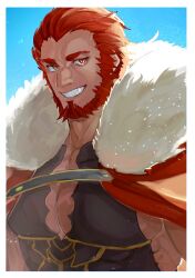 Rule 34 | 1boy, aquiline nose, bara, black shirt, border, cape, collarbone, fate/zero, fate (series), fur-trimmed cape, fur trim, grin, highres, iskandar (fate), light particles, long sideburns, looking at viewer, male focus, muscular, muscular male, orange eyes, pectoral cleavage, pectorals, red hair, shirt, short hair, sideburns, sidepec, slit pupils, smile, solo, teeth, thick eyebrows, tokoni fusu, white border