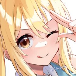 Rule 34 | 1girl, artist name, blonde hair, brown hair, close-up, fairy tail, highres, licking lips, long hair, looking at viewer, lucy heartfilia, one eye closed, portrait, reytsu, salute, simple background, solo, tongue, tongue out, twitter username, two-finger salute, white background