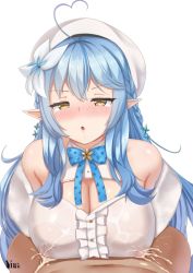 Rule 34 | 1boy, 1girl, ahoge, artist name, bare shoulders, blue hair, blue neckwear, blush, bow, bowtie, braid, breasts, cleavage, cleavage cutout, clothing cutout, commission, covered erect nipples, cum, cum on body, drooling, drunk, flower, full-face blush, hair flower, hair ornament, half updo, handsfree paizuri, hat, heart, heart ahoge, hololive, lactation, lactation through clothes, large breasts, long hair, looking at viewer, off shoulder, open mouth, paizuri, paizuri under clothes, pointy ears, saliva, shirt, simple background, virtual youtuber, wet, wet clothes, wet shirt, yellow eyes, yua (argaoffroad), yukihana lamy