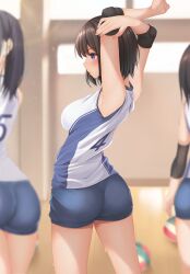 Rule 34 | 3girls, armpits, arms up, ass, ball, blue eyes, blue shorts, blurry, blurry background, breasts, brown hair, elbow pads, elbow sleeve, gym, gym shorts, highres, indoors, knee pads, large breasts, minato ojitan, multiple girls, original, pantylines, shirt, shorts, sleeveless, sleeveless shirt, solo focus, sportswear, stretching, tan, uniform, volleyball (object), volleyball uniform