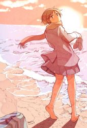 Rule 34 | 1girl, barefoot, beach, blush, brown eyes, brown hair, cloud, cloudy sky, commentary request, dated, dot nose, dusk, full body, hasegawa fumi, highres, holding, holding shoes, jacket, miniskirt, ocean, pleated skirt, rainydayjp, sand, scarf, shoes, short hair, signature, skirt, sky, solo, standing, sun, waves, wind, yuyushiki