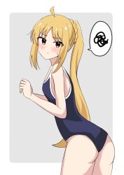 Rule 34 | :t, ahoge, ass, blonde hair, bocchi the rock!, company connection, cowboy shot, flat chest, highres, ijichi nijika, looking back, motti (motthi0711), ponytail, red eyes, spoken squiggle, squiggle