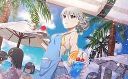 Rule 34 | 1boy, 4girls, apron, bad id, bad twitter id, bare shoulders, beach umbrella, bikini, bikini top only, blue sky, bow, breasts, cherry, closed mouth, cup, day, food, fruit, hair between eyes, hair bow, hair bun, holding, holding cup, ice cream, lens flare, looking at viewer, looking down, medium breasts, monogatari (series), monogatari series puc puc, multiple girls, official art, oikura sodachi, orange (fruit), orange slice, outstretched arm, palm tree, shaved ice, short hair, short shorts, shorts, sideboob, silver hair, single hair bun, sky, solo focus, swimsuit, tray, tree, umbrella, waitress, watanabe akio, yellow bikini
