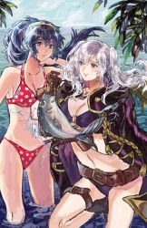 Rule 34 | 2girls, beach, bikini, blue eyes, blue hair, blush, breasts, brown eyes, cape, cleavage, day, fire emblem, fire emblem awakening, fire emblem heroes, fish, gloves, jyuv, large breasts, long hair, lucina (fire emblem), multiple girls, navel, nintendo, parted lips, robin (female) (fire emblem), robin (fire emblem), smile, standing, swimsuit, tiara, twintails, water, white hair