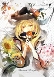 Rule 34 | 1girl, blonde hair, cherry blossoms, cover, detached sleeves, flower, hat, hisona (suaritesumi), long hair, looking at viewer, matara okina, orange eyes, solo, sunflower, tabard, touhou, wide sleeves