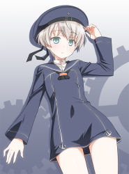 Rule 34 | 10s, 1girl, blush, clothes writing, gears, green eyes, hat, kantai collection, long sleeves, personification, sailor hat, short hair, silver hair, solo, standing, umekichi, z1 leberecht maass (kancolle)