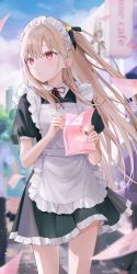 Rule 34 | 1girl, absurdres, apron, black dress, black ribbon, blonde hair, blurry, blurry background, blush, collared shirt, cowboy shot, day, dress, floating hair, frilled dress, frills, hair ornament, hair ribbon, hairclip, hands up, highres, holding, holding paper, komugiko (0kmgk), long hair, looking to the side, maid, maid apron, maid headdress, original, outdoors, paper, parted lips, puffy short sleeves, puffy sleeves, red eyes, red ribbon, ribbon, shirt, short sleeves, sidelocks, solo, swept bangs, thighs, white apron, wind, wing collar