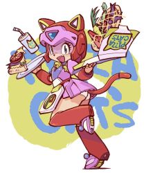 Rule 34 | 1990s (style), animal ears, apron, blue eyes, boots, cat ears, cat tail, fang, food, helmet, knee boots, kyatto ninden teyandee, no humans, panties, pantyshot, pizza, pizza box, pururun (kyatto ninden teyandee), ramb chop, retro artstyle, solo, tail, tray, underwear, waitress, white panties