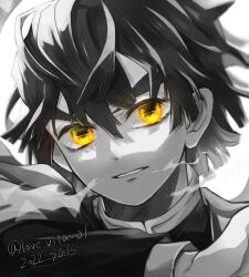 Rule 34 | 1boy, agatsuma zenitsu, alternate hair color, breath, dated, gradient clothes, hair between eyes, hand up, highres, kimetsu no yaiba, long sleeves, looking at viewer, love vita 01, male focus, monochrome, portrait, short hair, simple background, solo, spot color, triangle print, twitter username, yellow eyes