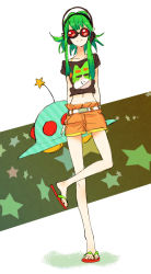 Rule 34 | 1girl, alternate costume, casual, crop top, flip-flops, flying saucer, goggles, green hair, gumi, headphones, midriff, mokeo, sandals, short hair with long locks, shorts, solo, spacecraft, ufo, vocaloid