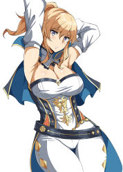 Rule 34 | 1girl, armpits, arms up, belt, blonde hair, blue belt, blue capelet, blue eyes, blush, breasts, capelet, cleavage, cowboy shot, detached collar, detached sleeves, genshin impact, hair between eyes, highres, jean (genshin impact), leggings, long hair, looking at viewer, olly (ollycrescent), pants, ponytail, simple background, solo, standing, strapless, teeth, thigh gap, thighs, white background, white pants