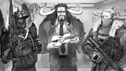 Rule 34 | 4boys, artist request, beard, dark skin, expressionless, facial hair, forced smile, formal, highres, holding, holding weapon, horns, jack (one piece), kaidou (one piece), king (one piece), long hair, looking at another, looking to the side, monochrome, multiple boys, muscular, mustache, one piece, queen (one piece), serious, simple background, weapon, wings