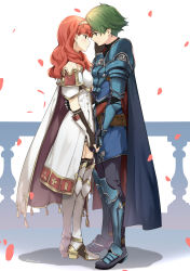 Rule 34 | 1boy, 1girl, alm (fire emblem), armor, armored boots, black thighhighs, bodysuit, boots, cape, celica (fire emblem), couple, dress, earrings, face-to-face, fingerless gloves, fire emblem, fire emblem echoes: shadows of valentia, full body, gloves, green eyes, green hair, hairband, hand on another&#039;s face, hetero, highres, holding hands, jewelry, looking at another, medium hair, misu kasumi, nintendo, pants, petals, railing, red eyes, red hair, ribbed bodysuit, shin guards, short hair, simple background, smile, standing, thigh boots, thighhighs, thighhighs under boots, thighs, twitter username, white background, white dress, white footwear