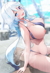 Rule 34 | 1boy, 1girl, :d, aged up, ahoge, alternate breast size, alternate costume, artist name, bikini, blue bikini, blue eyes, blue hair, blurry, blurry background, bouncing breasts, breasts, clothed female nude male, commentary request, cowgirl position, dermar, furina (genshin impact), genshin impact, girl on top, heart, heart-shaped pupils, hetero, heterochromia, highres, large breasts, long hair, looking at viewer, mismatched pupils, multicolored hair, navel, nipples, nude, open mouth, outdoors, sex, smile, solo focus, straddling, swimsuit, symbol-shaped pupils, two-tone hair, white hair
