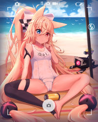 Rule 34 | 1girl, animal ears, backlighting, barefoot, beach, bird, black thighhighs, blonde hair, blue eyes, blue sky, blush, bow, butterfly sitting, cat ears, character name, closed mouth, cloud, day, feet, g41 (beach punk 2064) (girls&#039; frontline), g41 (girls&#039; frontline), girls&#039; frontline, hair bow, heterochromia, highres, long hair, looking at viewer, low-tied long hair, maxdeng, ocean, official alternate costume, one-piece swimsuit, outdoors, red eyes, sand, school swimsuit, single thighhigh, sitting, sky, solo, spread legs, sweat, swimsuit, thighhighs, toeless legwear, twintails, very long hair, white bow, white one-piece swimsuit, white school swimsuit