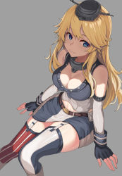 Rule 34 | 1girl, american flag legwear, asymmetrical legwear, belt, blonde hair, blue eyes, blush, breasts, cleavage, closed mouth, commentary, elbow gloves, fingerless gloves, flag print, garter straps, gloves, grey background, headgear, highres, iowa (kancolle), kantai collection, large breasts, long hair, mismatched legwear, oweee, simple background, skirt, solo, thighhighs, wavy mouth
