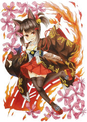 Rule 34 | 1girl, :d, akagi-chan (azur lane), animal ears, azur lane, bad id, bad pixiv id, bell, black hair, black thighhighs, breasts, cherry blossoms, collarbone, commentary request, detached collar, eyes visible through hair, fire, flight deck, fox ears, fox girl, fox tail, full body, hair ribbon, hair tubes, haze (user ywgc2832), head tilt, highres, holding, holding paper, japanese clothes, kitsune, kyuubi, long hair, looking at viewer, marker (medium), multiple tails, open mouth, paper, paper airplane, pleated skirt, red eyes, red skirt, ribbon, sidelocks, simple background, skirt, small breasts, smile, solo, tail, thighhighs, traditional media, twintails, v-shaped eyebrows, white background, wide sleeves, zettai ryouiki
