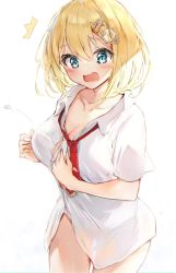 Rule 34 | 1girl, blonde hair, blue eyes, blush, breasts, buttons, cleavage, flying button, hair ornament, highres, hololive, hololive english, open mouth, popped button, seboneko, shirt, simple background, solo, undressing, virtual youtuber, wardrobe malfunction, watson amelia, white background, white shirt