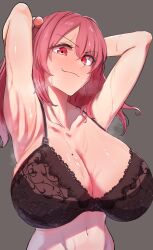 Rule 34 | 1girl, absurdres, armpits, arms up, black bra, blush, bra, breasts, cleavage, collarbone, doyagao, highres, huge breasts, lace, lace-trimmed bra, lace trim, linea alba, looking at viewer, mole, mole on breast, navel, nose blush, onozuka komachi, presenting armpit, red eyes, red hair, simple background, smile, smug, solo, sotatsudraw, steaming body, stomach, sweat, touhou, underwear, upper body