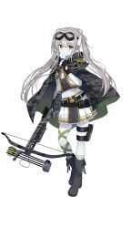 Rule 34 | 1girl, black cape, black footwear, black gloves, boots, bow (weapon), bowgun, camouflage cape, cape, crossbow, formation girls, full body, gloves, goggles, goggles on head, green eyes, grey skirt, hair ribbon, highres, hiiragi souren, holding, holding weapon, looking at viewer, midriff, navel, partially fingerless gloves, pleated skirt, reina huchsbelger, ribbon, silver hair, skirt, solo, transparent background, twintails, weapon