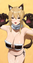 Rule 34 | 1girl, :d, absurdres, animal ears, animal hands, bikini, black bikini, blonde hair, breasts, brown eyes, claw pose, cleavage, commentary request, cowboy shot, curvy, dog ears, dog girl, dog tail, eyepatch bikini, fake animal ears, fang, fur-trimmed bikini, fur-trimmed collar, fur trim, gloves, hair between eyes, highres, kosubi (tsuneta328), large breasts, looking at viewer, medium hair, micro bikini, open mouth, original, paw gloves, simple background, skindentation, smile, solo, swimsuit, tail, yellow background