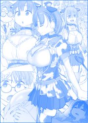 Rule 34 | ai-chan (tawawa), animal print, bell, blue theme, braid, grabbing another&#039;s breast, breasts, cellphone, charging device, cleavage, coke-bottle glasses, collar, cow girl, cow horns, cow print, cow tail, cowbell, dreaming, drooling, faceless, faceless male, from side, garter straps, getsuyoubi no tawawa, glasses, grabbing, highres, himura kiseki, horns, kouhai-chan (tawawa), large breasts, maegami-chan (tawawa), pajamas, phone, pleated skirt, senpai (tawawa), short hair, skirt, sleeping, smartphone, sparkle, tail, thighhighs, thinking, volley-bu-chan (tawawa)