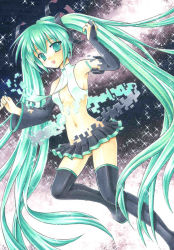 Rule 34 | 1girl, bad id, bad pixiv id, bridal gauntlets, detached sleeves, digital dissolve, female focus, funnyfunny, green eyes, green hair, hatsune miku, hatsune miku (append), long hair, marker (medium), matching hair/eyes, navel, necktie, open mouth, skirt, solo, sparkle, thighhighs, traditional media, twintails, very long hair, vocaloid, vocaloid append
