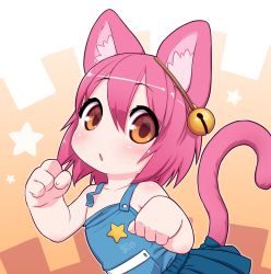 Rule 34 | 1girl, :o, animal ears, bell, blue camisole, blue skirt, blush, camisole, cat ears, cat tail, fewer digits, flat chest, hair bell, hair ornament, highres, jingle bell, kionant, looking at viewer, medium hair, orange eyes, original, parted lips, pink hair, skirt, solo, tail