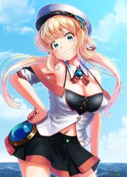 Rule 34 | 1girl, absurdres, aqua eyes, black bra, black skirt, blonde hair, blue sky, bra, breasts, cleavage, cloud, contrapposto, cowboy shot, day, detached collar, grin, hair ornament, hair ribbon, hand on own hip, hat, head tilt, highres, huge filesize, low twintails, navel, ocean, off-shoulder shirt, off shoulder, original, outdoors, peaked cap, ribbon, shirt, sidelocks, signature, skirt, sky, smile, soba chatarou (tita), solo, twintails, underwear, white hat