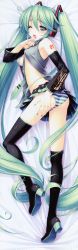 Rule 34 | 1girl, ;d, ;o, absurdres, ass, black thighhighs, blue panties, boots, breasts, covered erect nipples, dakimakura (medium), detached sleeves, finger to mouth, full body, green eyes, green hair, hatsune miku, headset, high heels, highres, huge filesize, legs, long hair, looking at viewer, lying, matching hair/eyes, naughty face, on side, one eye closed, open mouth, panties, perky breasts, sayori (neko works), shirt, shoe soles, sideboob, skirt, sleeveless, sleeveless shirt, small breasts, smile, solo, striped clothes, striped panties, thighhighs, twintails, underwear, very long hair, vocaloid, wince