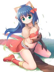 Rule 34 | 1girl, animal ear fluff, animal ears, bikini, bikini top only, blue hair, blush, boots, bow, brown capelet, brown gloves, capelet, cat ears, closed mouth, commentary request, elbow gloves, emurin, falling leaves, flat chest, full body, gloves, grass, green eyes, hair bow, highres, leaf, long hair, looking at viewer, mage (ragnarok online), majiko (emurin), midriff, multiple hair bows, navel, pelvic curtain, ragnarok online, red bikini, red bow, red skirt, showgirl skirt, sitting, skirt, smile, solo, swimsuit, wariza