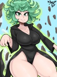 Rule 34 | 1girl, alternate breast size, black dress, bmayyne, breasts, cleavage, clothes, dress, female focus, green eyes, green hair, highres, huge breasts, looking at viewer, matching hair/eyes, medium hair, one-punch man, signature, smile, solo, tatsumaki