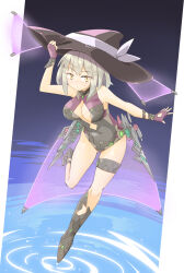 Rule 34 | 1girl, arnest, breasts, center opening, fingerless gloves, gloves, grey hair, hand on headwear, hat, highres, kirisame marisa, large breasts, leotard, looking at viewer, science fiction, short hair, solo, thigh strap, touhou, witch hat, yellow eyes