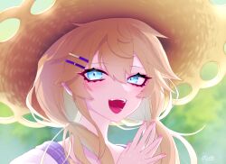 Rule 34 | 1girl, alternate costume, bloom, blue eyes, blurry, blurry background, brown hair, commentary request, day, foliage, hair ornament, hair over shoulder, hairclip, half-closed eyes, hands up, hat, highres, indie virtual youtuber, kasukabe tsukushi, looking at viewer, low twintails, marutsubo, open mouth, outdoors, own hands together, pink nails, portrait, shirt, signature, smile, solo, steepled fingers, straw hat, thick eyelashes, twintails, virtual youtuber, white shirt