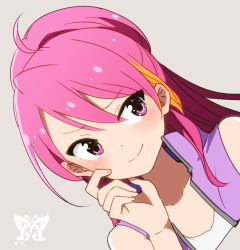 Rule 34 | alternate hairstyle, bare shoulders, blonde hair, blush, collarbone, embarrassed, grey background, idolmaster, idolmaster million live!, idolmaster million live! theater days, kidachi, logo, long hair, looking to the side, maihama ayumu, multicolored hair, pink eyes, pink hair, pink vest, ponytail, shirt, smile, solo, two-tone hair, vest, white shirt
