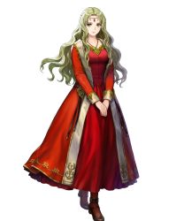 Rule 34 | 1girl, asatani tomoyo, black footwear, black pantyhose, blonde hair, breasts, circlet, collarbone, detached sleeves, dress, female focus, fire emblem, fire emblem: the binding blade, fire emblem heroes, full body, green eyes, guinevere (fire emblem), highres, jewelry, long dress, long hair, long skirt, long sleeves, looking at viewer, medium breasts, necklace, nintendo, official art, own hands together, pantyhose, parted bangs, red dress, skirt, solo, standing, transparent background