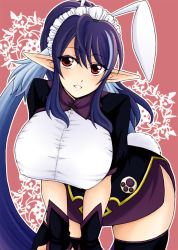 Rule 34 | 00s, 1girl, animal ears, asaki yukia, black thighhighs, blue hair, breasts, dress, elf, judith (tales), large breasts, leaning forward, long hair, maid headdress, official alternate costume, pointy ears, ponytail, rabbit ears, rabbit tail, red eyes, solo, tail, tales of (series), tales of vesperia, thighhighs, zettai ryouiki