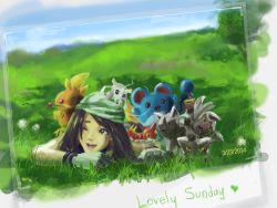 Rule 34 | 1girl, brown hair, creatures (company), dated, doge, english text, eugeneration, female focus, flower, game freak, gen 2 pokemon, gen 3 pokemon, gloves, grass, green bandanna, happy, heart, highres, looking at viewer, lying, marill, may (pokemon), may (pokemon emerald), multicolored clothes, multicolored gloves, nincada, nintendo, on back, one eye closed, open mouth, outdoors, pokemon, pokemon (creature), pokemon emerald, pokemon rse, poochyena, rose, short hair, sky, smile, timestamp, torchic, twitch plays pokemon, wince, wink, wurmple