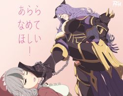 Rule 34 | bdsm, bondage, boots, bound, breasts, camilla (fire emblem), cleavage, collar, femdom, fire emblem, fire emblem fates, foot on head, grey hair, hand on own hip, high heel boots, high heels, knee boots, large breasts, leash, long hair, looking down, multicolored hair, nintendo, one eye closed, open mouth, purple eyes, purple hair, r3dfive, shoe soles, shoes, simple background, smile, stepped on, teeth, translated, velouria (fire emblem), yuri