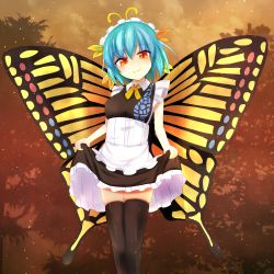 Rule 34 | 1girl, adapted costume, alternate costume, antennae, apron, aqua hair, black dress, black thighhighs, blush, butterfly wings, closed mouth, clothes lift, dress, dress lift, enmaided, eternity larva, fairy, feet out of frame, frilled dress, frills, hair between eyes, highres, insect wings, jemen, leaf, leaf on head, lifted by self, maid, maid apron, maid headdress, orange eyes, short hair, smile, solo, thighhighs, touhou, white apron, wings