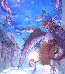 Rule 34 | 1girl, :d, chinese zodiac, cloud, commentary request, day, feathers, ferea bimi, from below, gate house, harpy, long hair, looking up, monster girl, navel, open mouth, orange hair, original, outdoors, pants, paper, sash, shirt, sky, smile, solo, talons, teeth, tongue, upper teeth only, winged arms, wings, year of the rooster, yellow eyes