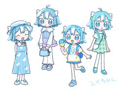 Rule 34 | 1girl, 1nupool, ahoge, blue dress, blue eyes, blue footwear, blue hair, blue shorts, closed eyes, dress, fish, food, full body, hair ornament, hairclip, heart-shaped bag, highres, holding, holding food, holding ice cream, ice cream, medium hair, multiple views, open mouth, original, pants, plaid, plaid dress, sandals, shirt, shoes, shorts, sleeveless, sleeveless dress, smile, sneakers, sui-chan (1nupool), t-shirt, white pants, white shirt, wing hair ornament