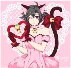 Rule 34 | :3, alternate costume, animal collar, animal ears, bare shoulders, bell, black hair, cat ears, cat tail, collar, collarbone, crossdressing, dress, eiyuu densetsu, embroidery, eyelashes, falcom, gloves, hair between eyes, heart, holding, looking at viewer, one eye closed, pink background, pink dress, rean schwarzer, red gloves, red ribbon, ribbon, sen no kiseki, shiny clothes, shiny skin, short hair, simple background, solo, spiked hair, tail, toumorian, twitter username, wink