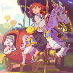 Rule 34 | 2girls, ahoge, animalization, artist name, bag, balloon, blue eyes, carousel, charm (object), cloud, cool (gundam suisei no majo), dalmakhani3, day, grey eyes, gundam, gundam aerial, gundam suisei no majo, handbag, haro, highres, hots (gundam suisei no majo), medium hair, miorine rembran, multiple girls, open mouth, outdoors, pants, red hair, shoes, smile, suletta mercury, sweater, teeth, thick eyebrows, upper teeth only, white hair